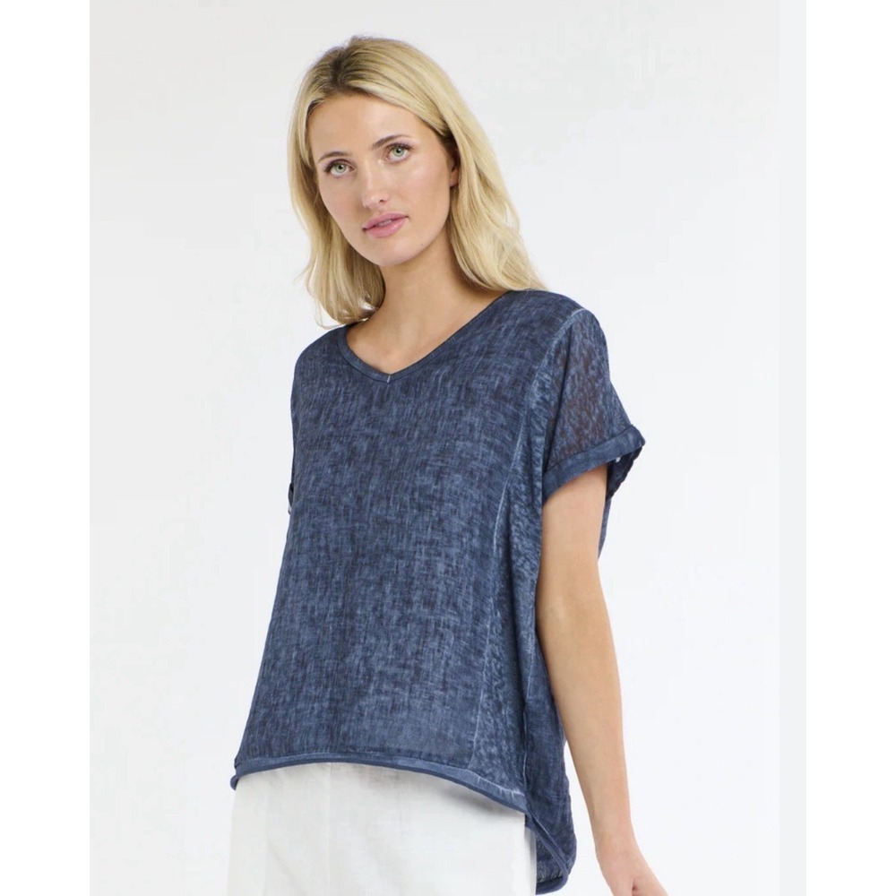 Love From‎ Italy Short Sleeve Calypso Top Linen Blouse Blue - OS
